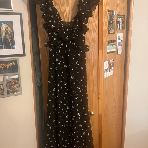 NWT $199 Spring + Mercer Chic Black Floral Midi or  Maxi Dress Open Tie Back SzL - Picture 3 of 13